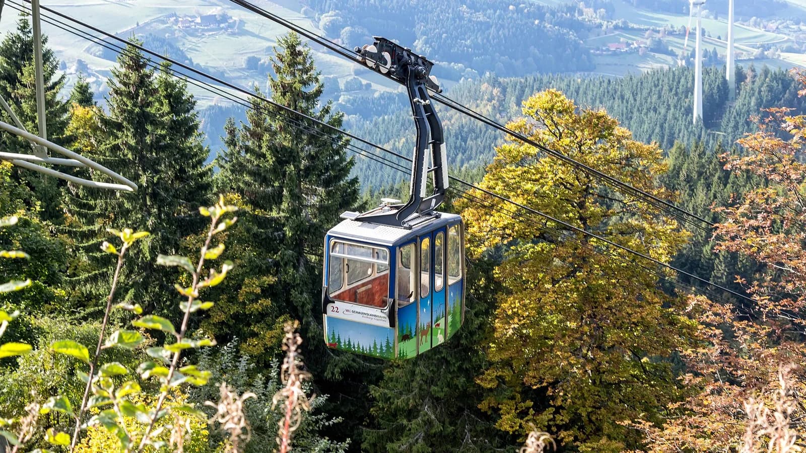 Une cabine du téléphérique du Schauinsland au-dessus des sapins de la Forêt-Noire