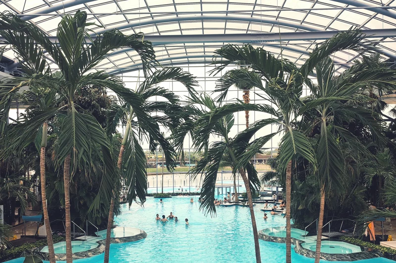 Grand bassin turquoise intérieur entouré de palmiers sous une verrière en dôme, avec des baigneurs