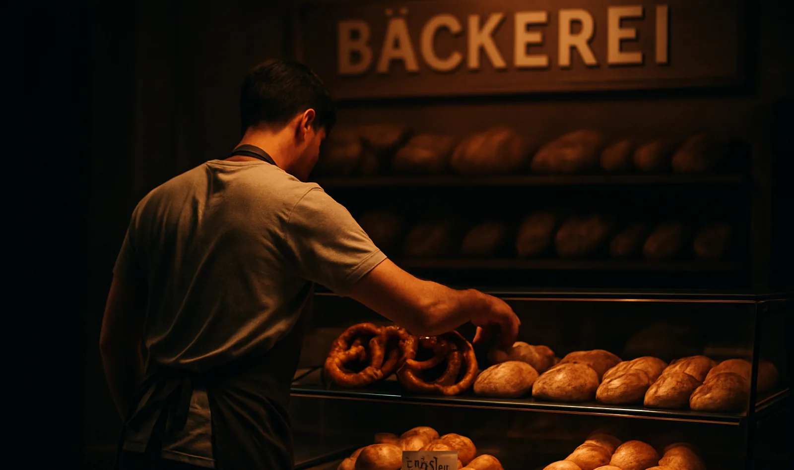 Employé de boulangerie, vu de dos, disposant des bretzels et des petits pains dans la vitrine d'une Bäckerei en Allemagne